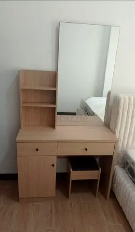 Light Oak Dressing Table with Mirror, Drawers and Stool