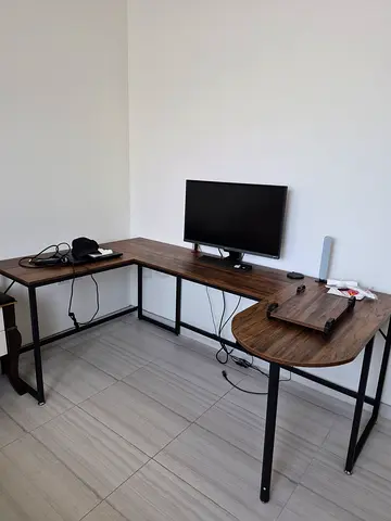 P-shaped Corner Office Desk with Monitor Stand - Wood Finish