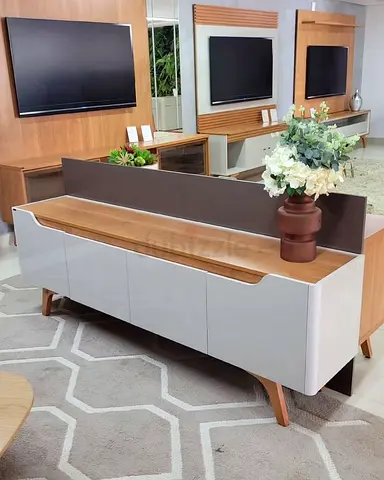 Modern White and Wood TV Stand Cabinet