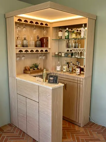 Custom Pine Corner Home Bar with Glass Racks and LED Lighting