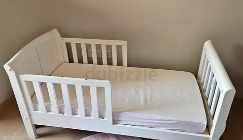 White Toddler Bed with Side Rails and Mattress - Good Condition