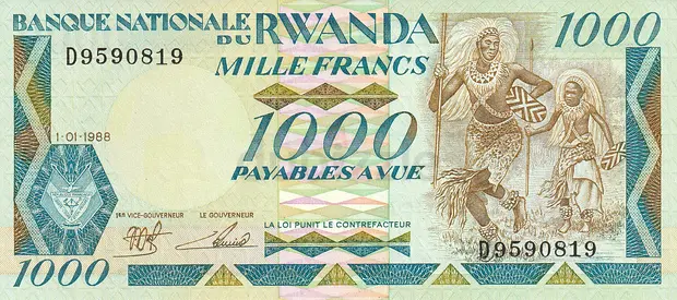 RWANDA 1000 FRANCS BANKNOTE 1988