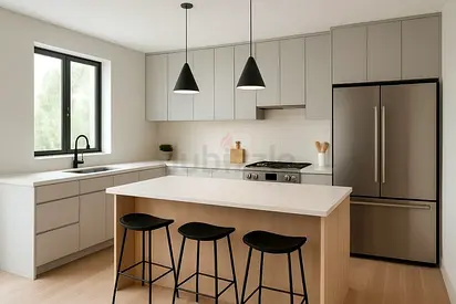 Modern kitchen island with stools and built-in cabinets