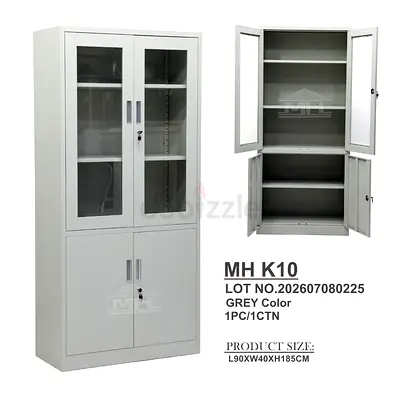 Metal Storage Cabinet with Glass Upper Doors - 90x40x185cm, Grey