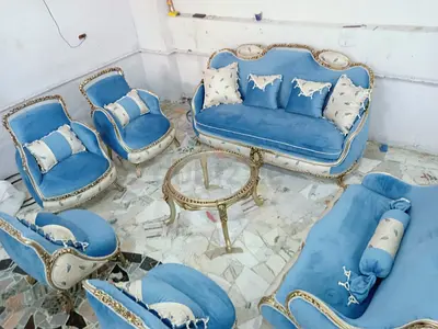 Blue velvet vintage-style 3-seater sofa set with armchairs and glass coffee table