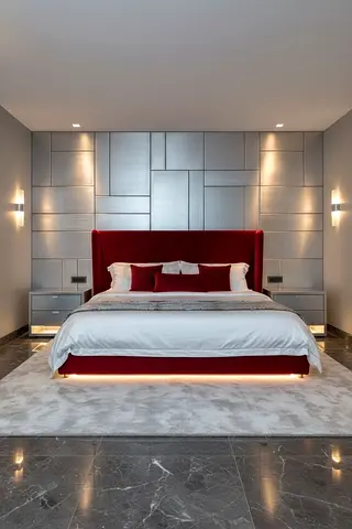 Modern Red Velvet Upholstered Bed with Headboard