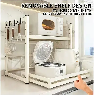Adjustable 2-Tier Kitchen Counter Storage Rack with Removable Shelf and Hooks