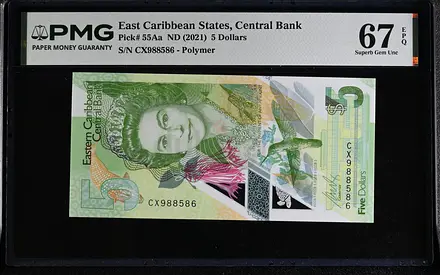 EAST CARIBBEAN STATES 5 DOLLARS BANKNOTE 2021 PMG 67