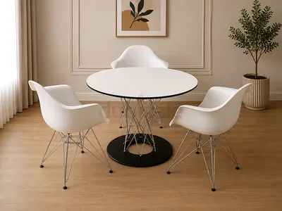 Modern White Round Dining Table with Three Eames Style Chairs