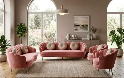 Pink Velvet 3-Piece Sofa Set with Armchairs - Modern Shell Design