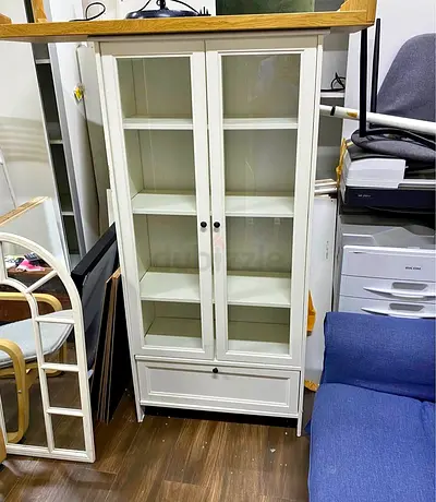 White Glass-Door Display Cabinet with Bottom Drawer