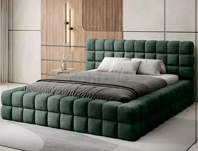 Modern Upholstered Green Velvet King-Size Bed with Padded Headboard