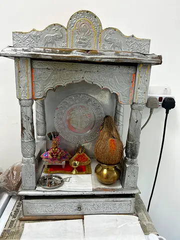 Handcrafted Wooden Pooja Mandir with Silver Finish — Compact Home Temple