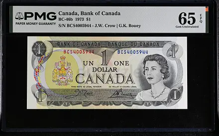 CANADA 1 DOLLAR BANKNOTE 1973 PMG 65