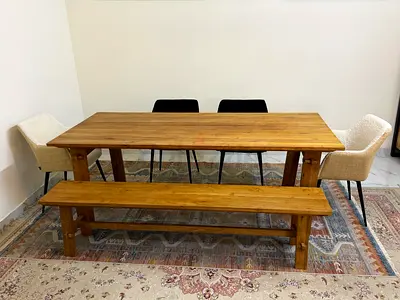 Marina Home Designer Dining Set | Solid Wood Statement Table + Bench + Chic Bouclé Chairs