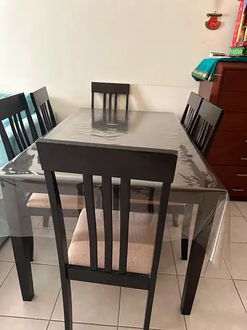 Wooden 6-Seater Dining Table with Chairs - wooden dresser with 6 drawers, and a wooden storage unit