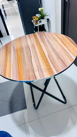 Foldable Round Wooden-Effect Bistro Table with 2 foldable white chair— Good Condition.