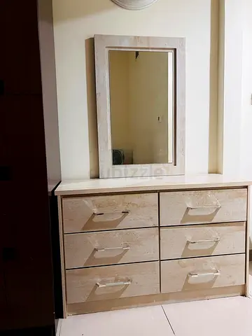 Light Wood 6-Drawer Dresser with Mirror & Stool - Good Condition