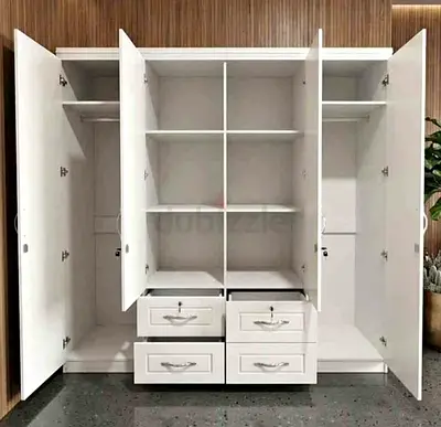 White 4-Door Wardrobe with Drawers and Shelves - Good Condition