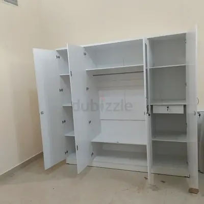 White 3-Door Wardrobe with Shelves and Hanging Rail