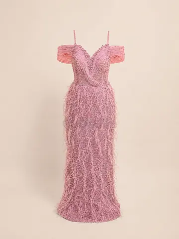 Elegant pink feathered evening gown with off-shoulder straps