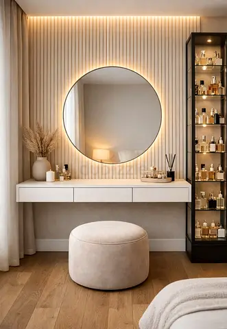 Wall-mounted vanity console with round LED mirror and display cabinet