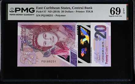 EAST CARIBBEAN STATES 20 DOLLARS BANKNOTE 2019 PMG 69