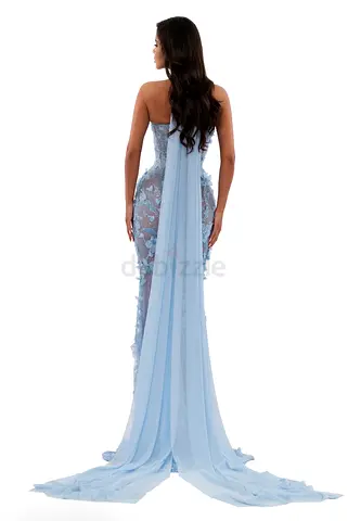 Albina Dyla Light Blue Floral Halter Gown, Size L