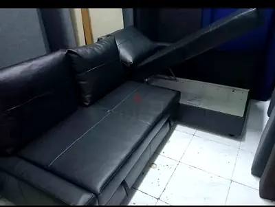 Black L-Shaped Leather Sofa Bed with Storage