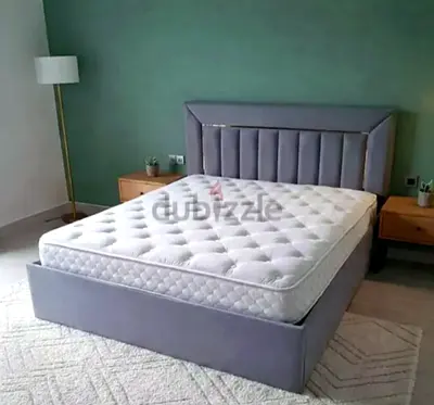 Grey upholstered double bed frame with headboard (with mattress)