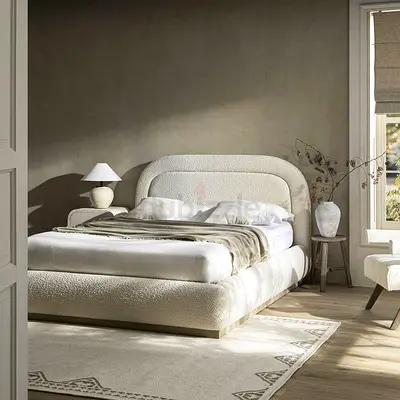 Modern upholstered queen bed with curved headboard - cream boucle