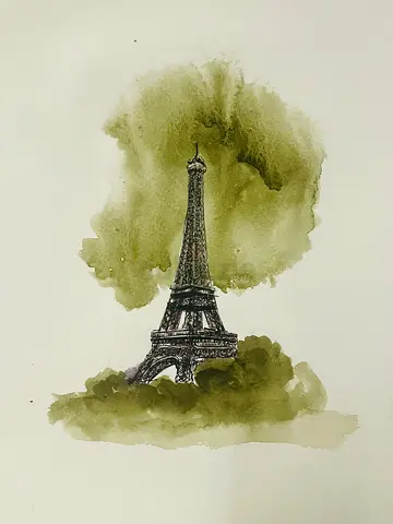 Eiffel Tower Watercolor Print — Green Toned Art