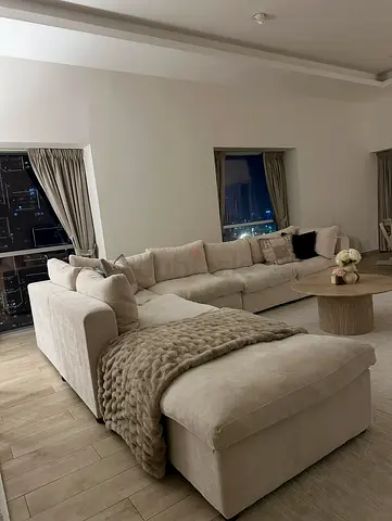 Large L-shaped Beige Feather Cloud Sectional Sofa with Ottoman - Comfortable, light beige colour