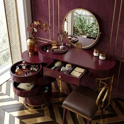Burgundy Vanity Table with Round Mirror and Storage Drawers