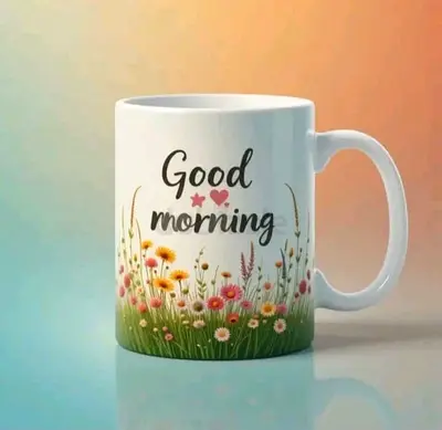 Good Morning Ceramic Mug with Floral Design - White Coffee Cup