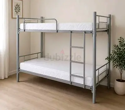 Metal Bunk Bed Frame with Two Mattresses - Silver, Sturdy Double Bunk