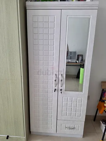 White 2-Door Wardrobe with Mirror — Good Condition