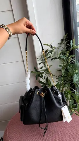 Genuine Tory Burch Black Leather Drawstring Bucket Bag