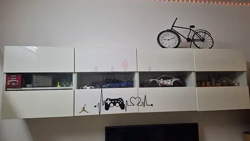 White wall-mounted display cabinet with shelves and glass - modern storage. 4 cabinets