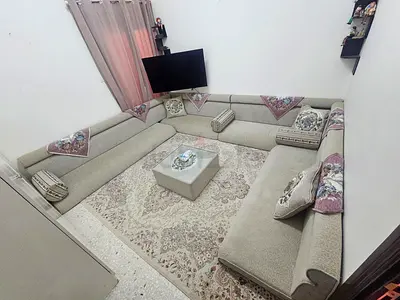 L-shaped Majlis Seating Set with Matching Carpet — Light Beige