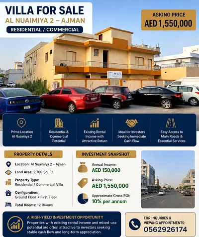 FOR SALE – Residential & Commercial House in Al Nuaimiya 2, Ajman 📍 Prime Location: Very well-located in Al Nuaimiya 2, with easy and quick