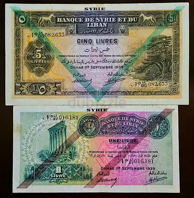 Syrian, 1939, 1 + 5 Livres Banknotes