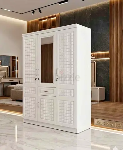 White 3-Door Wardrobe with Mirror — Good Condition