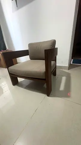 Solid Wood Armchair with Beige Cushions - Good Condition