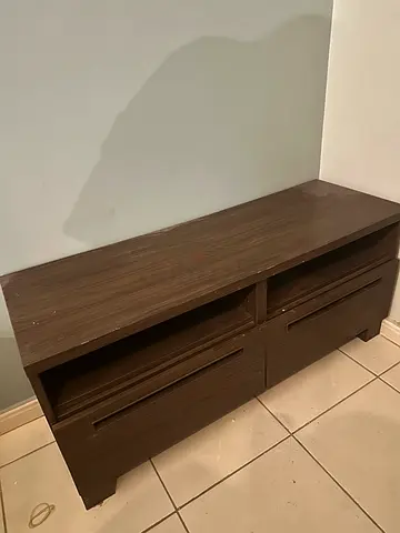 Low wooden TV cabinet / media console with drawers - brown