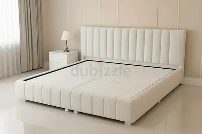 Modern White Upholstered King Size Bed Frame with Vertical Stitching