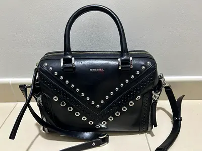 Diesel Black Leather Studded Satchel Bag - Top Handle & Crossbody