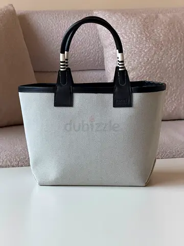 Hermess Gray canvas tote bag with black leather handles