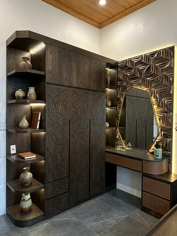 Dark Wood Wardrobe with Built-in Vanity and Decorative Wall Panels