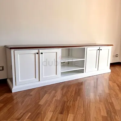 White TV Unit with Wooden Top and Storage Cabinets
